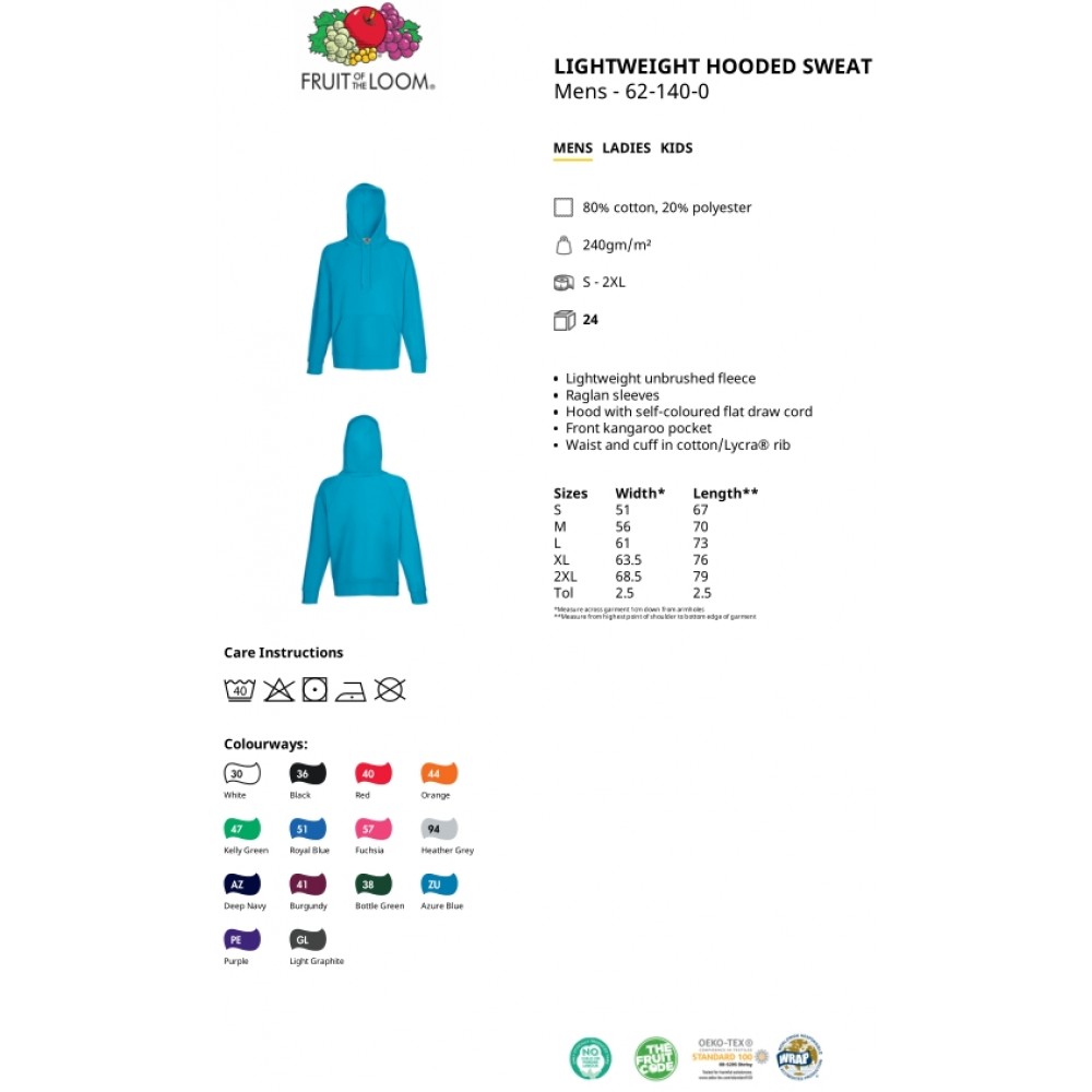 Φούτερ, Fruit Of The Loom, LIGHTWEIGHT HOODED SWEAT 62-140-0